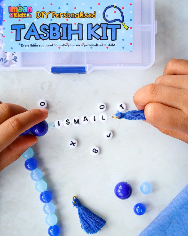 DIY Tasbih Making Kit with Dhikr Cards – Blue Islamic Activity Set for Kids