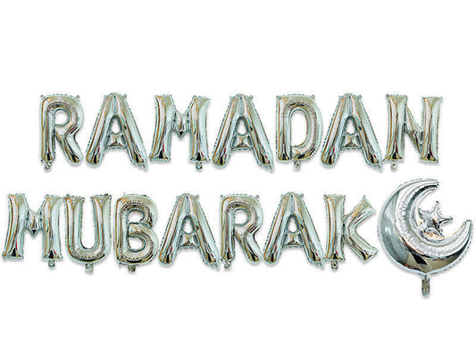 Ramadan Mubarak Silver Letter Foil Balloons – Islamic Party Decorations for Ramadan & Eid Celebrations