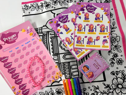 Little Muslimah Prayer Pack | Pink Islamic Kids Prayer Set with Mat, Tracker & Duʿā Essentials |