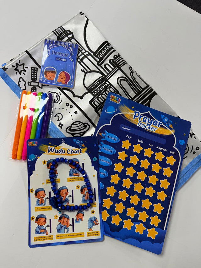 Little Muslim Prayer Pack – Blue | Kids Prayer Starter Set with Mat, Tracker & Wudu Chart