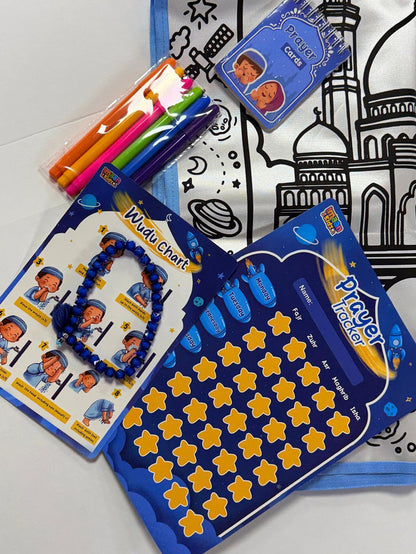 Little Muslim Prayer Pack – Blue | Kids Prayer Starter Set with Mat, Tracker & Wudu Chart