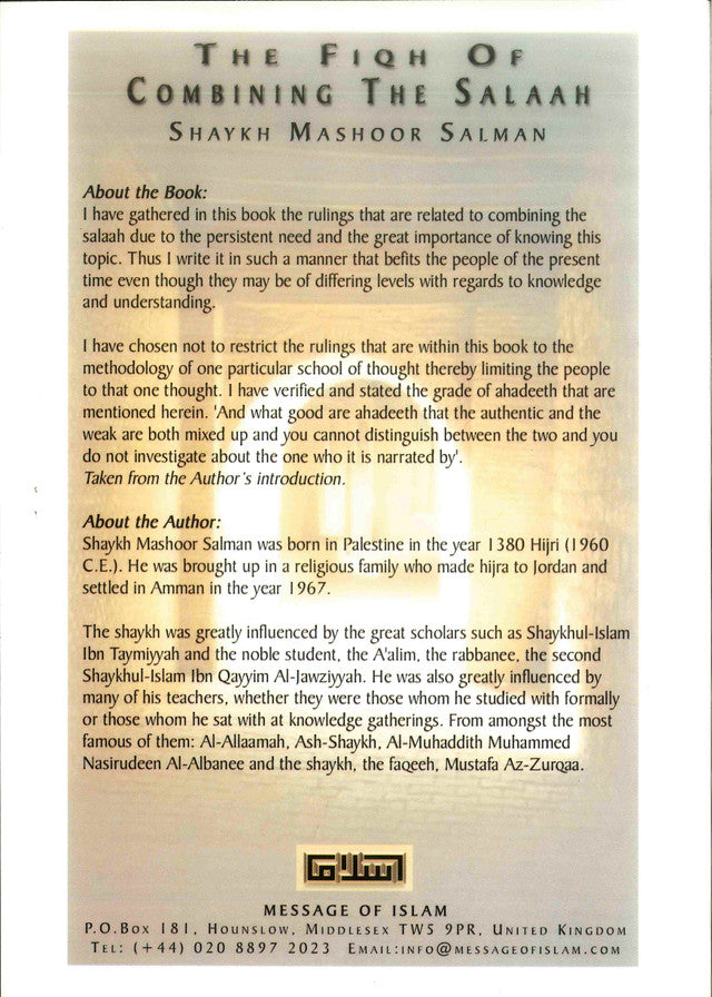 Fiqh of Combining the Salaah – Islamic Rulings on Combining Prayers (Jamaʿ) by Shaykh Mashoor Salman | Message Of Islam (S/C, 64 Pgs)