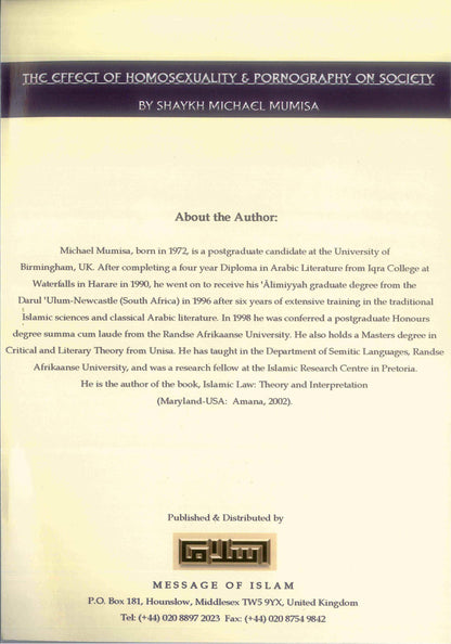 The Effect of Homosexuality & Pornography on Society – Islamic Perspective on Modern Moral Issues | Shaykh Michael Mumisa (Message Of Islam, S/C, 32 Pgs)