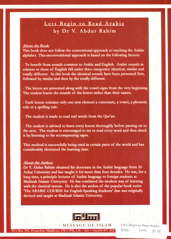 Let’s Begin to Read Arabic – A Beginner’s Guide to Learning the Arabic Language & the Qur’an by Dr. V. Abdur Rahim | Message Of Islam (Softcover, 115 Pages)