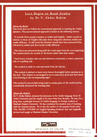 Let’s Begin to Read Arabic – A Beginner’s Guide to Learning the Arabic Language & the Qur’an by Dr. V. Abdur Rahim | Message Of Islam (Softcover, 115 Pages)