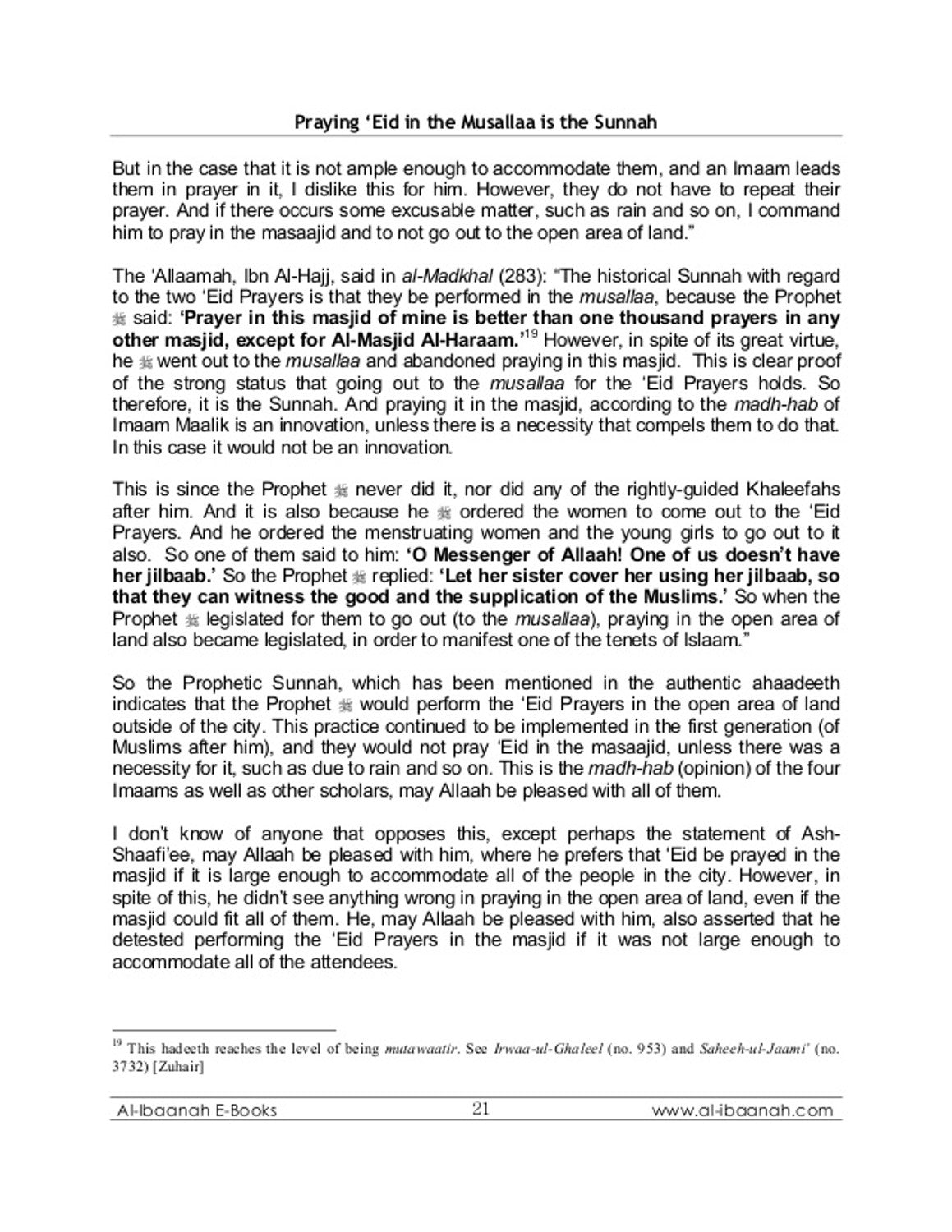 Praying Eid in the Musallaa is the Sunnah by Imaam Muhammad Naasir-Ud-Deen Al-Albaanee